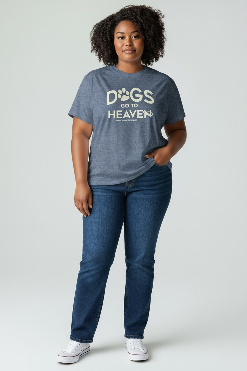 Person wearing a blue t-shirt with 'Dogs Go to Heaven' text on a plain background